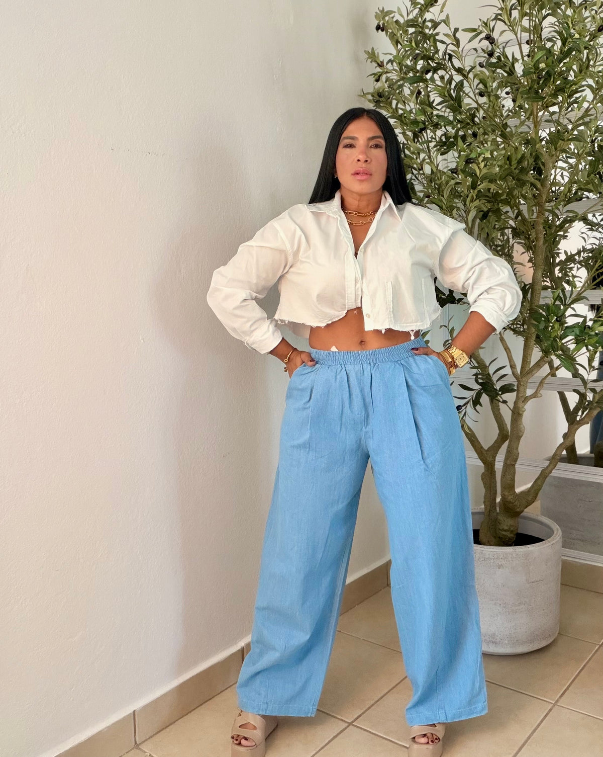 Oh Yeah! Light Denim Blue Baggy Wide Leg Spandex Pants! Esto es belleza! Tiene bolsillos