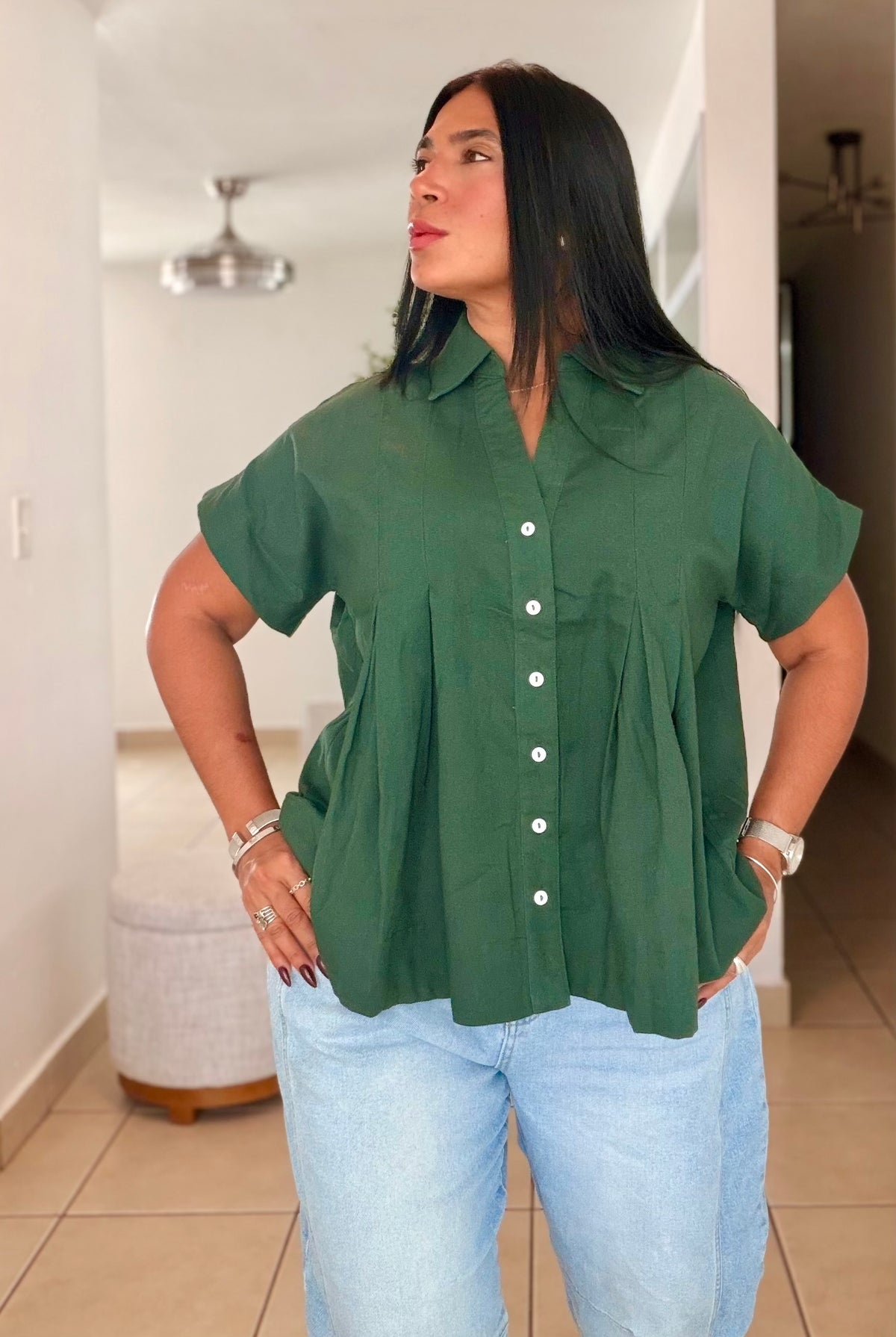 Luxe Hunter Green Linen Oversized Blusòn (mangas se usan de dos formas) Color Verde (SOLD OUT GRACIAS
