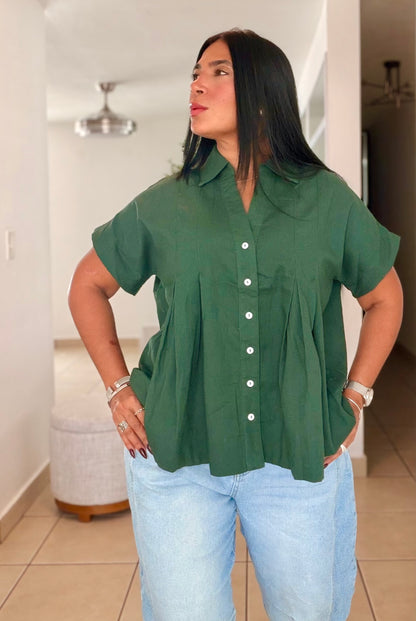 Luxe Hunter Green Linen Oversized Blusòn (mangas se usan de dos formas) Color Verde (SOLD OUT GRACIAS