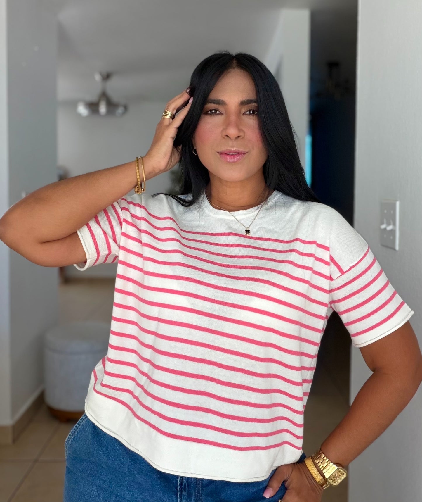 Pretty Pink and White Striped Luxe Spandex Top (líneas rosa intenso) Calidad Premium