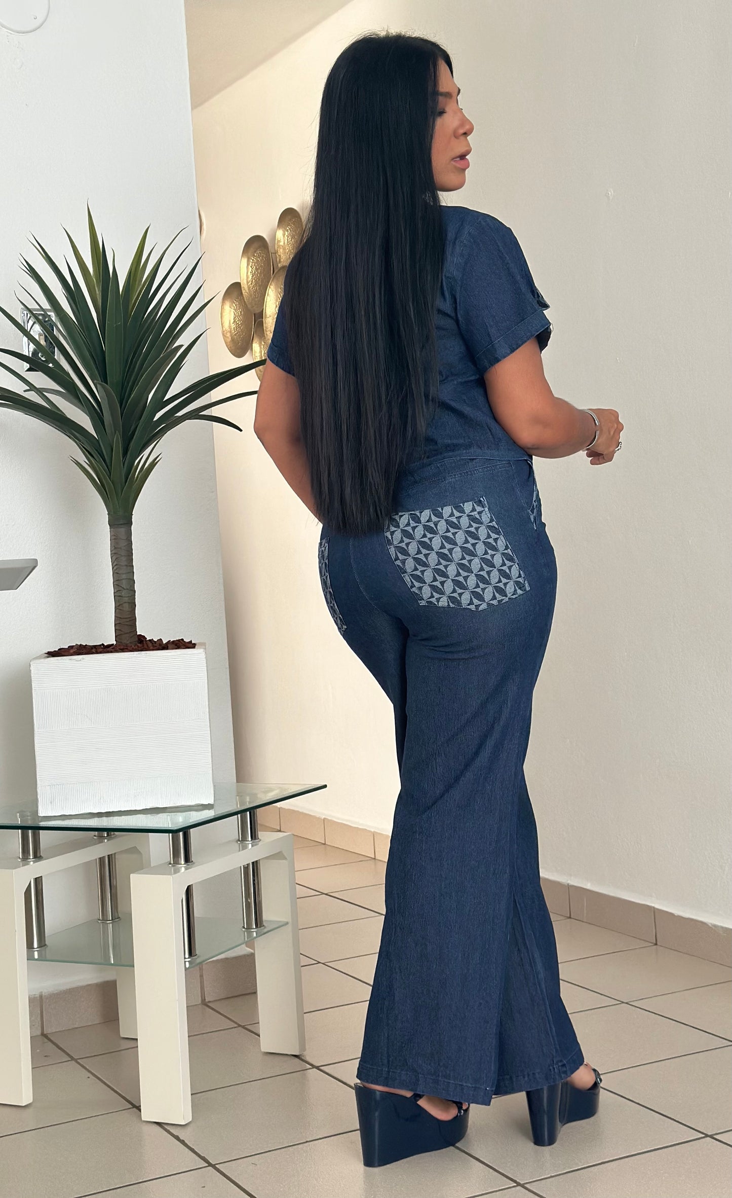 El Perfecto Denim Blue Mega Spandex Top and Pants Set