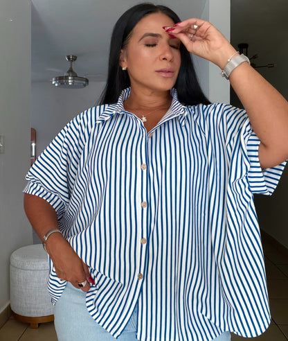 Ocean Blue Blue and White Oversized Stripe De Lujo Blusón