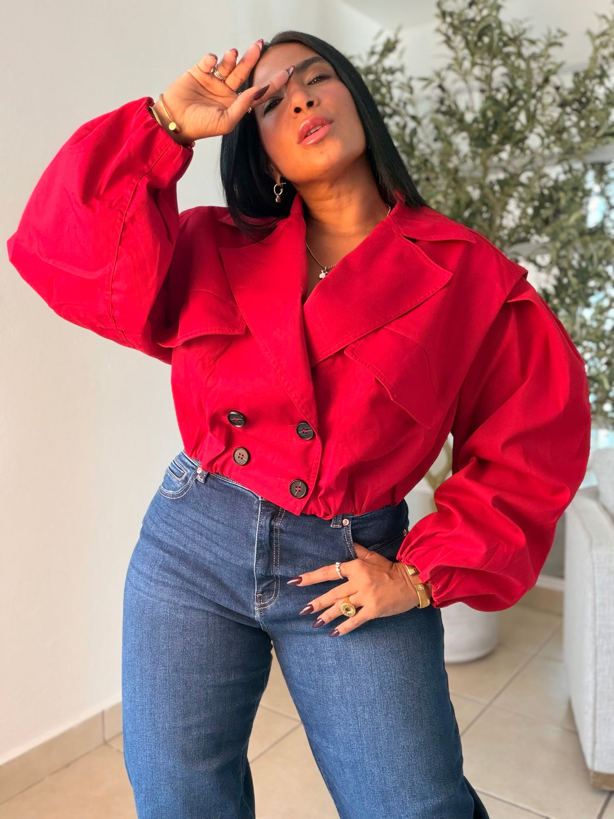 De Lujo Rojo Red  Spandex Blazer/Top (jacket) con bolsillos y botones.  Oversized