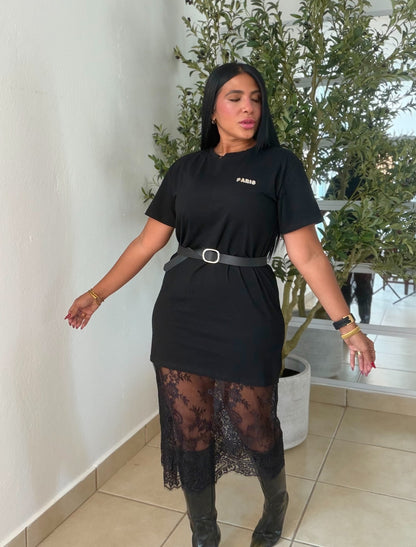Paris Black Cotton and Premium Lace Spandex Shirt Dress (correa incluìda) color negro (SOLD OUT GRACIAS)