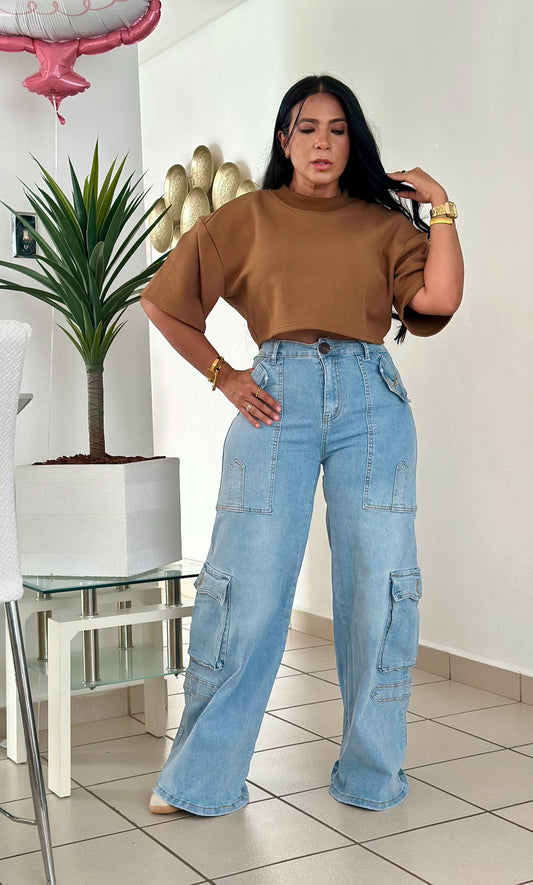 Bogotá Blue Cargo Total Spandex Wide Leg Jeans (bien  cómodo y es expandible total)