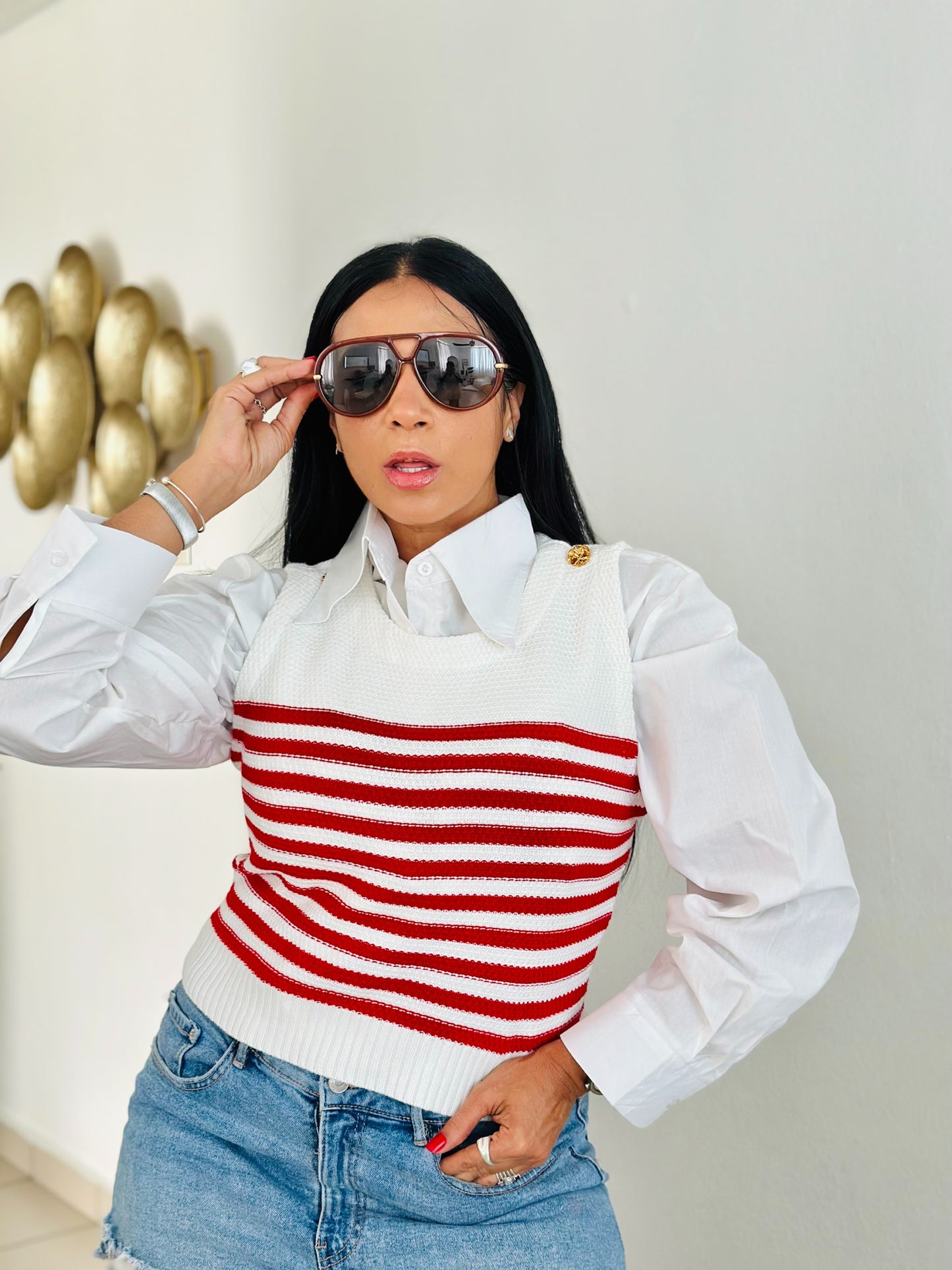 Knit Spandex Marinera Top Red and White