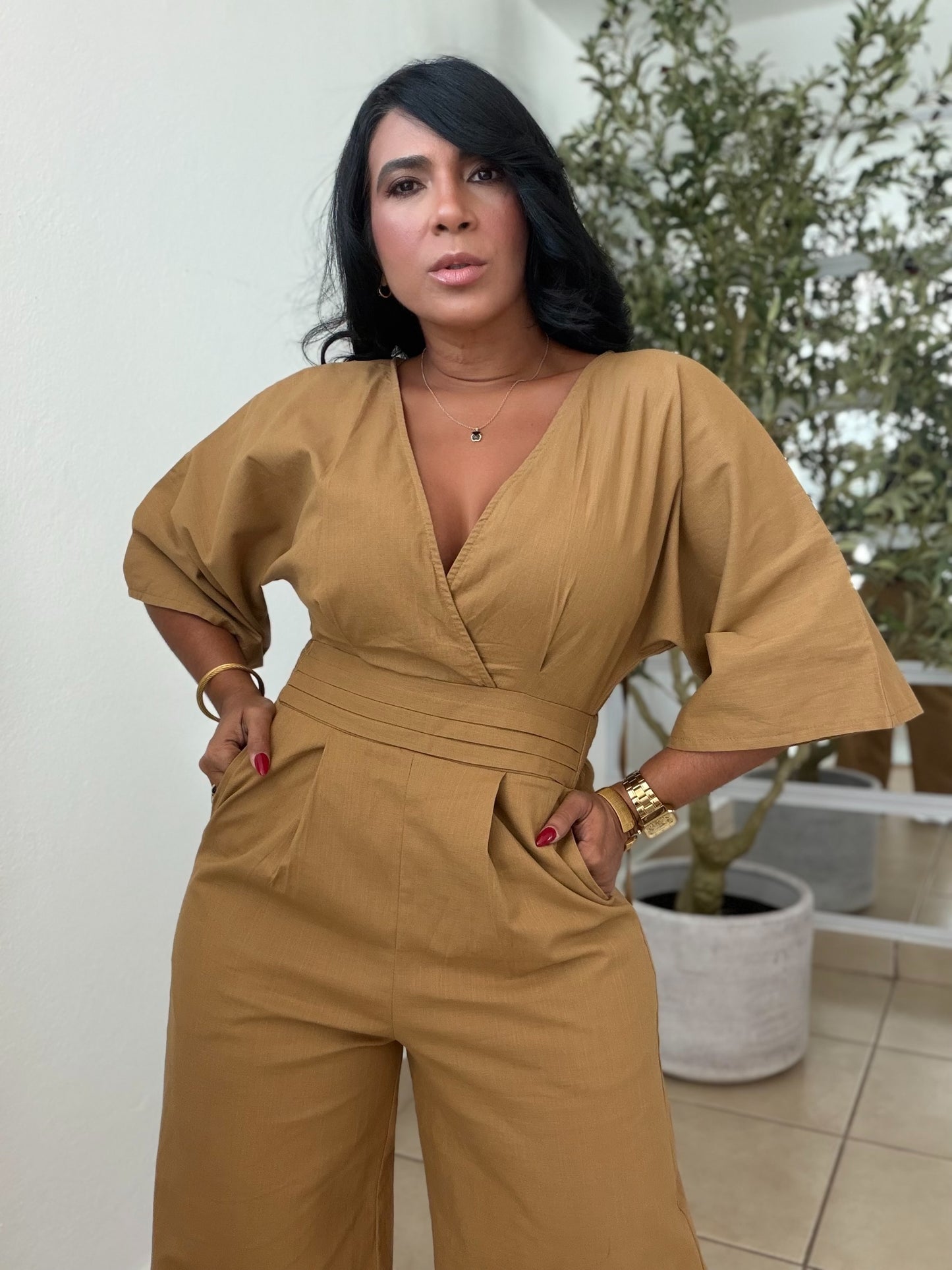 Bello Gold Brown Liner Bien Spandex Wide Leg Jumpsuit (tiene bolsillos)