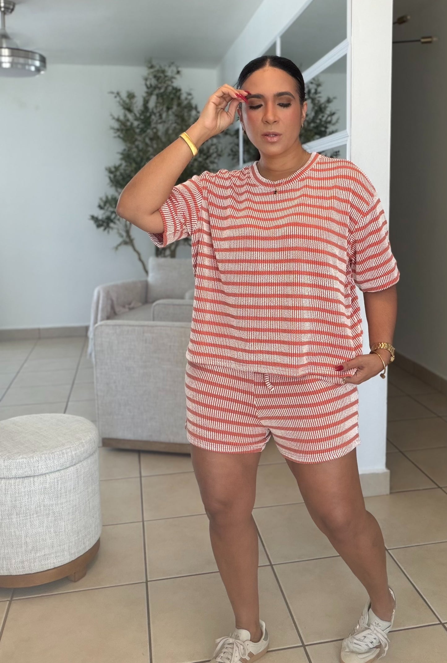 Divas Orangw and White Striped Spandex Luxe pants and Blusòn Shorts Set (SOLD OUT)
