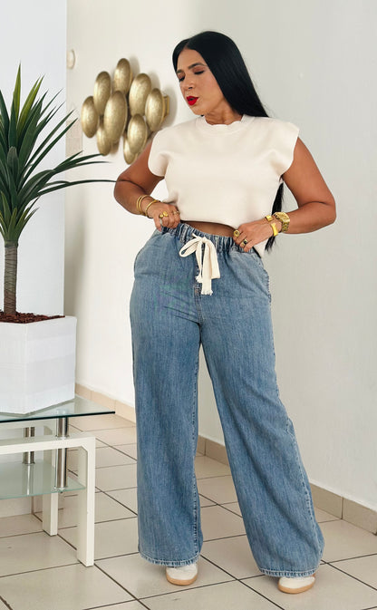 Wide Leg Spandex Blue Denim Pants