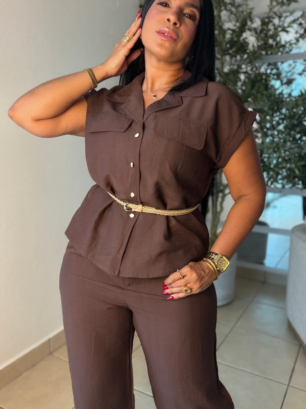 Ellas Choco Brown Luxe Set de Pantalòn, Blusa y correa.  Expandible y suelto total