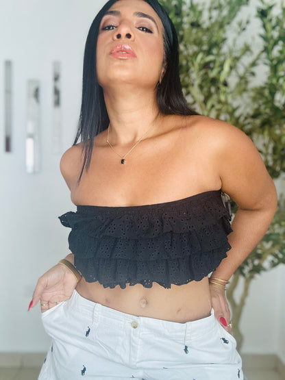 Black Spandex Ruffle Crop Top (Bien cómoda y expandible total)