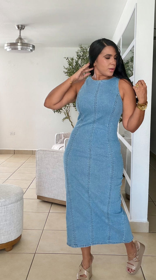 Blue Denim Midi Dress Spandex
