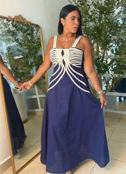 Palacios Crochet and Linen Spandex Doble forro suelto Maxi Dress (azul oscuro marino) Navy Blue
