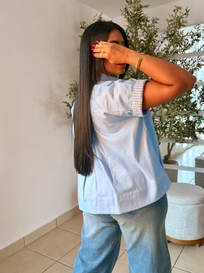 Luxe Sky Blue  Linen Oversized Blusòn (mangas se usan de dos formas) Azul cielo
