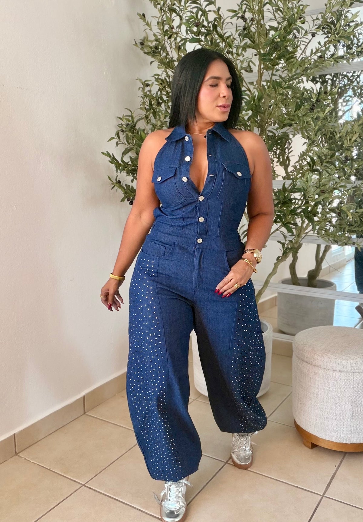Cut Out Baggy Spandex Luxury Denim Jumpsuit with glitter details. Blue denim (SOLD)