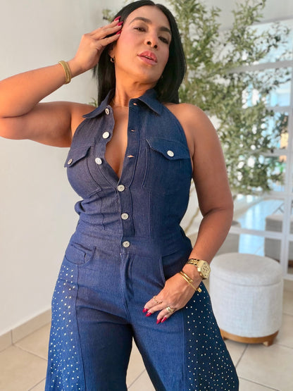 Cut Out Baggy Spandex Luxury Denim Jumpsuit with glitter details. Blue denim (SOLD)
