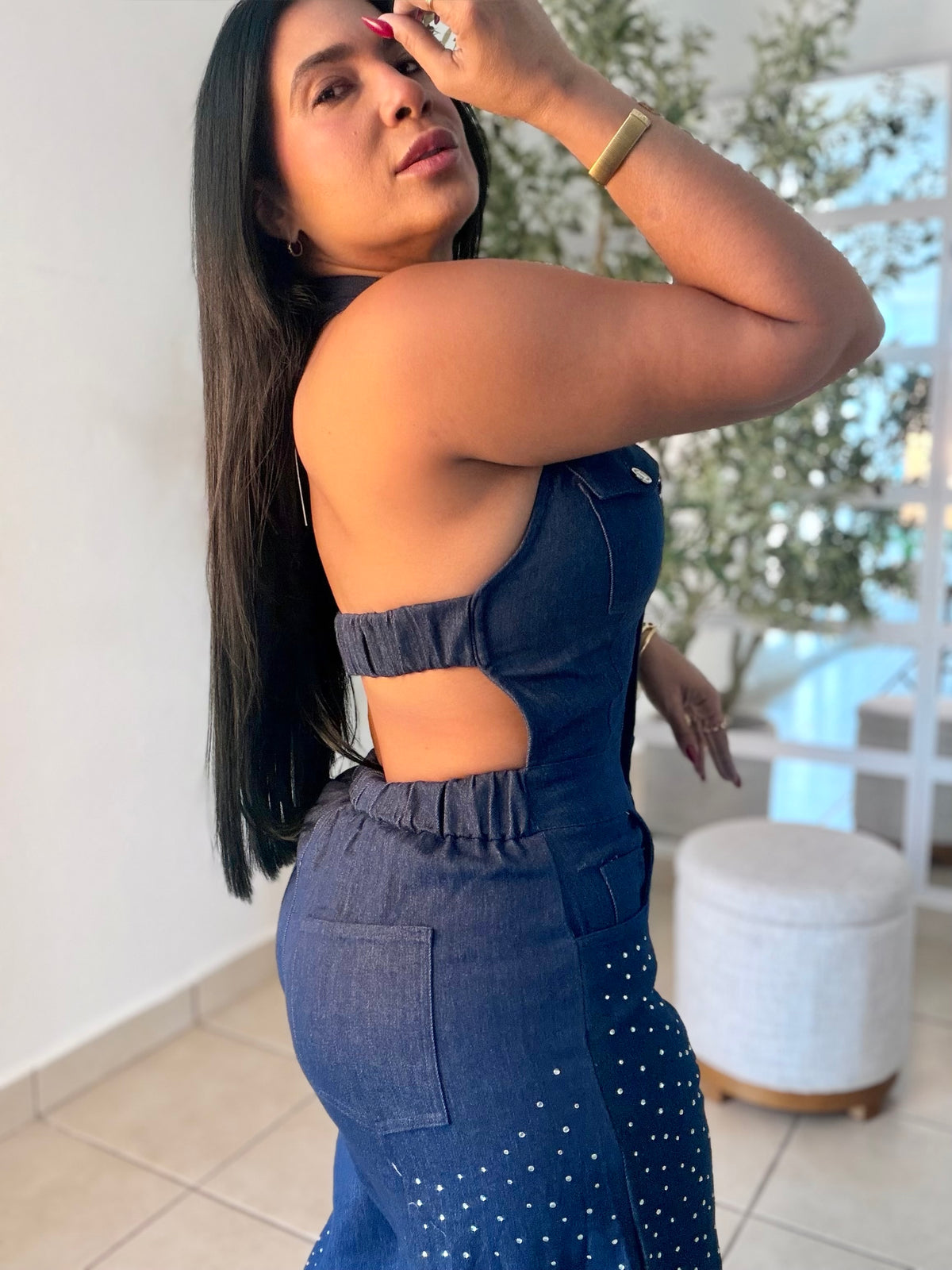 Cut Out Baggy Spandex Luxury Denim Jumpsuit with glitter details. Blue denim (SOLD)