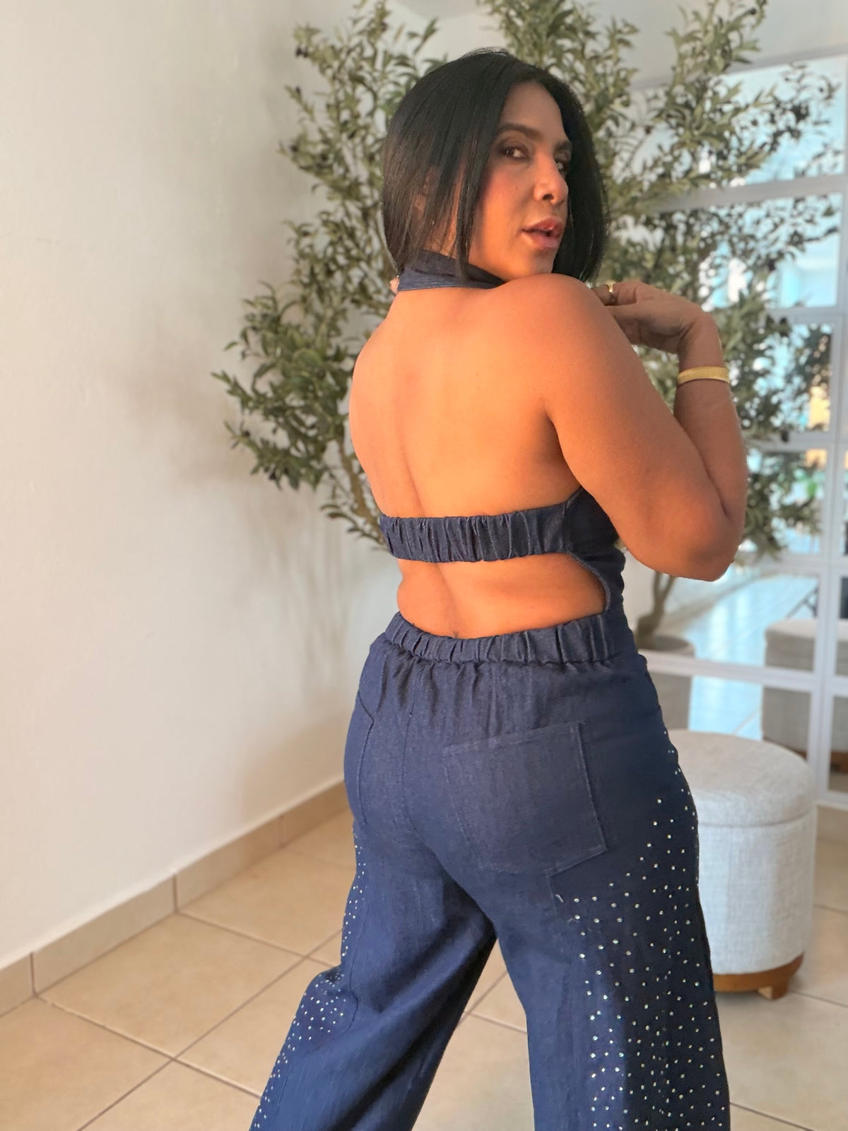 Cut Out Baggy Spandex Luxury Denim Jumpsuit with glitter details. Blue denim (SOLD)