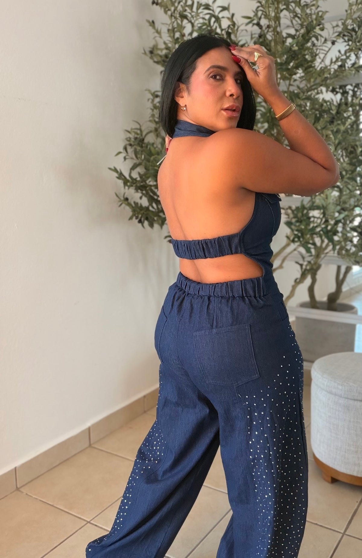 Cut Out Baggy Spandex Luxury Denim Jumpsuit with glitter details. Blue denim (SOLD)