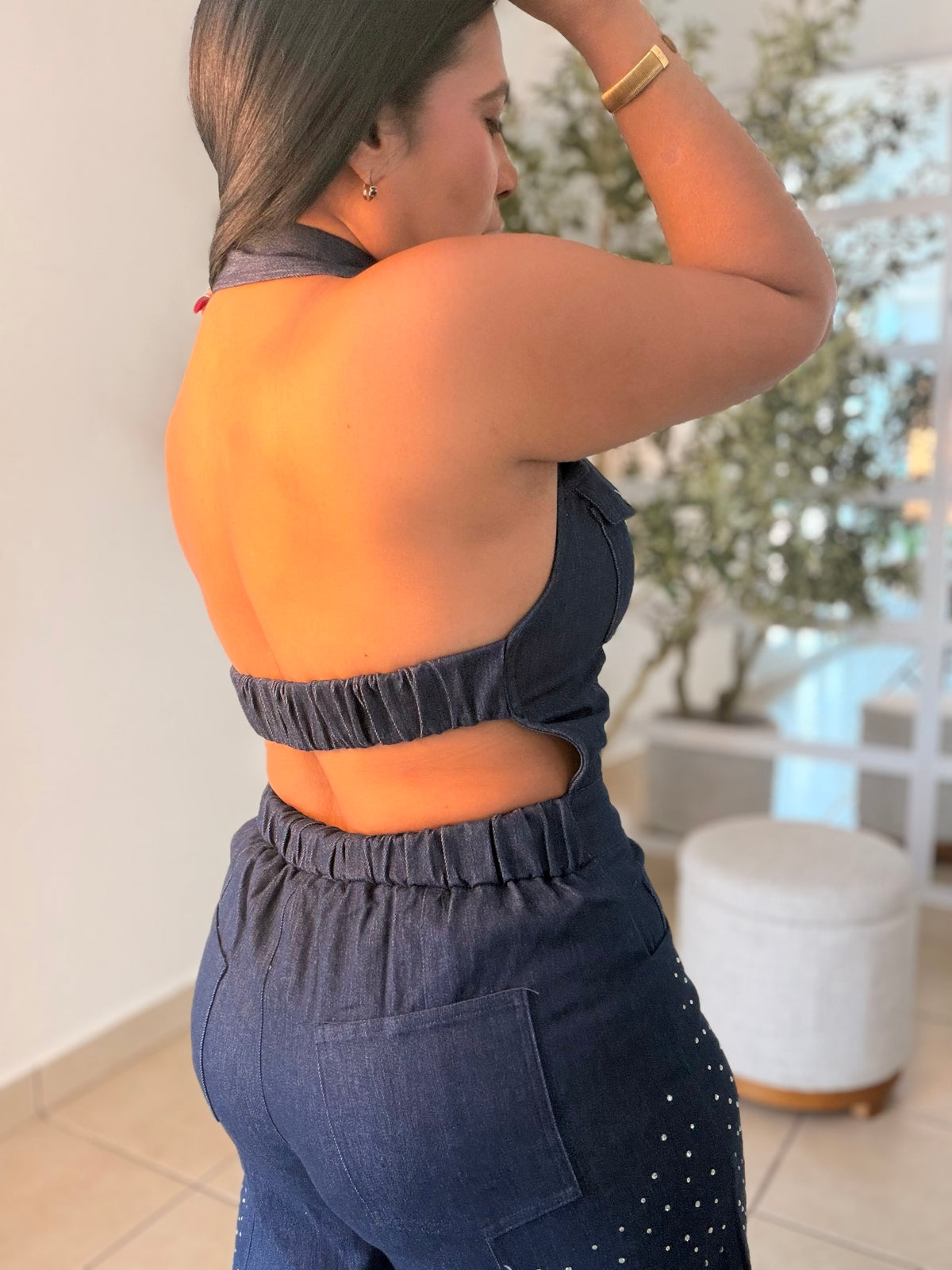 Cut Out Baggy Spandex Luxury Denim Jumpsuit with glitter details. Blue denim (SOLD)