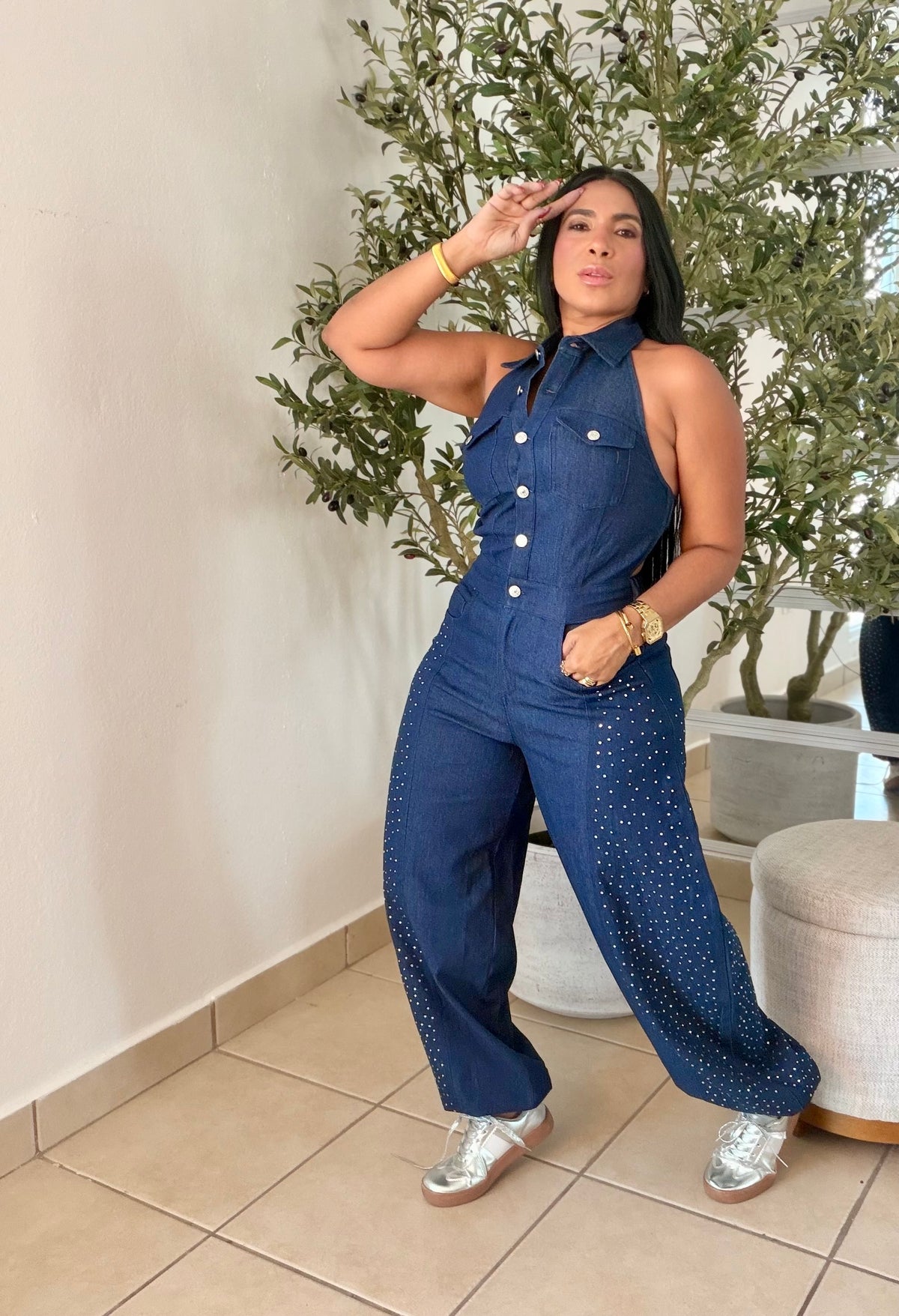 Cut Out Baggy Spandex Luxury Denim Jumpsuit with glitter details. Blue denim (SOLD)