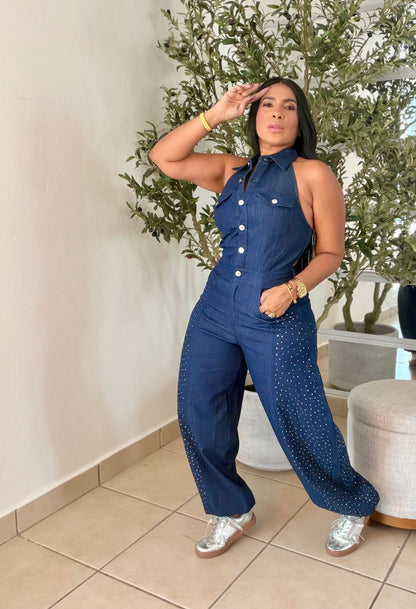 Cut Out Baggy Spandex Luxury Denim Jumpsuit with glitter details. Blue denim (SOLD)