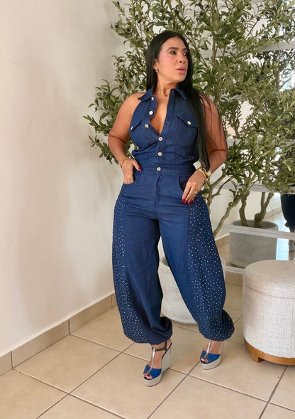 Cut Out Baggy Spandex Luxury Denim Jumpsuit with glitter details. Blue denim (SOLD)