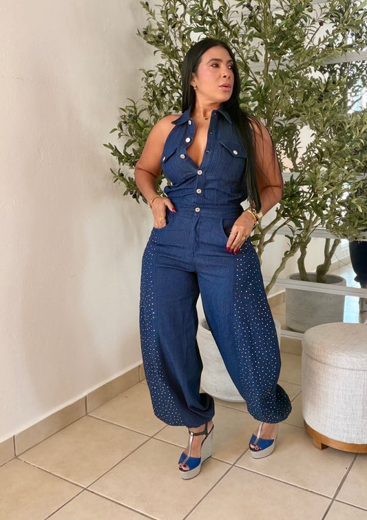 Cut Out Baggy Spandex Luxury Denim Jumpsuit with glitter details. Blue denim (SOLD)