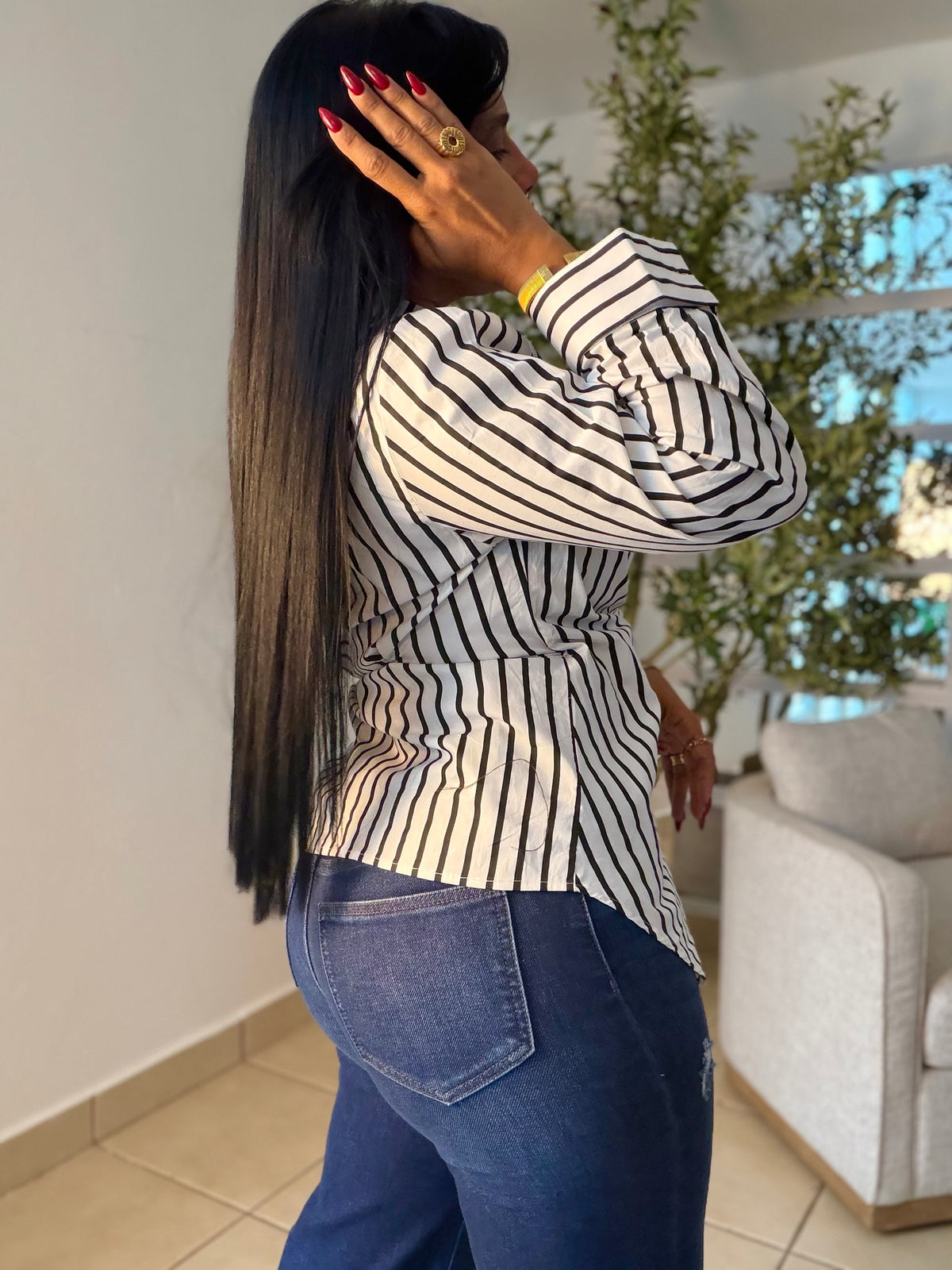 White and Black Striped 💯 Cotton Spandex y Ajustable Shirt Blouse. Blanco con lìneas negras