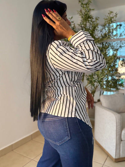 White and Black Striped 💯 Cotton Spandex y Ajustable Shirt Blouse. Blanco con lìneas negras
