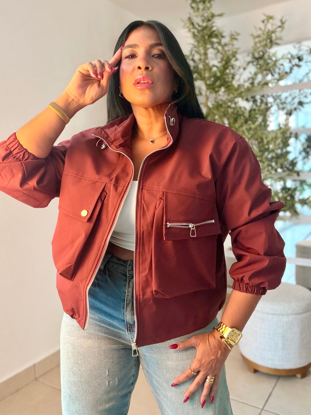 Burgundy Luxe Oversized Spandex Bomber Jacket Top One Size (SOLD OUT GRACIAS)