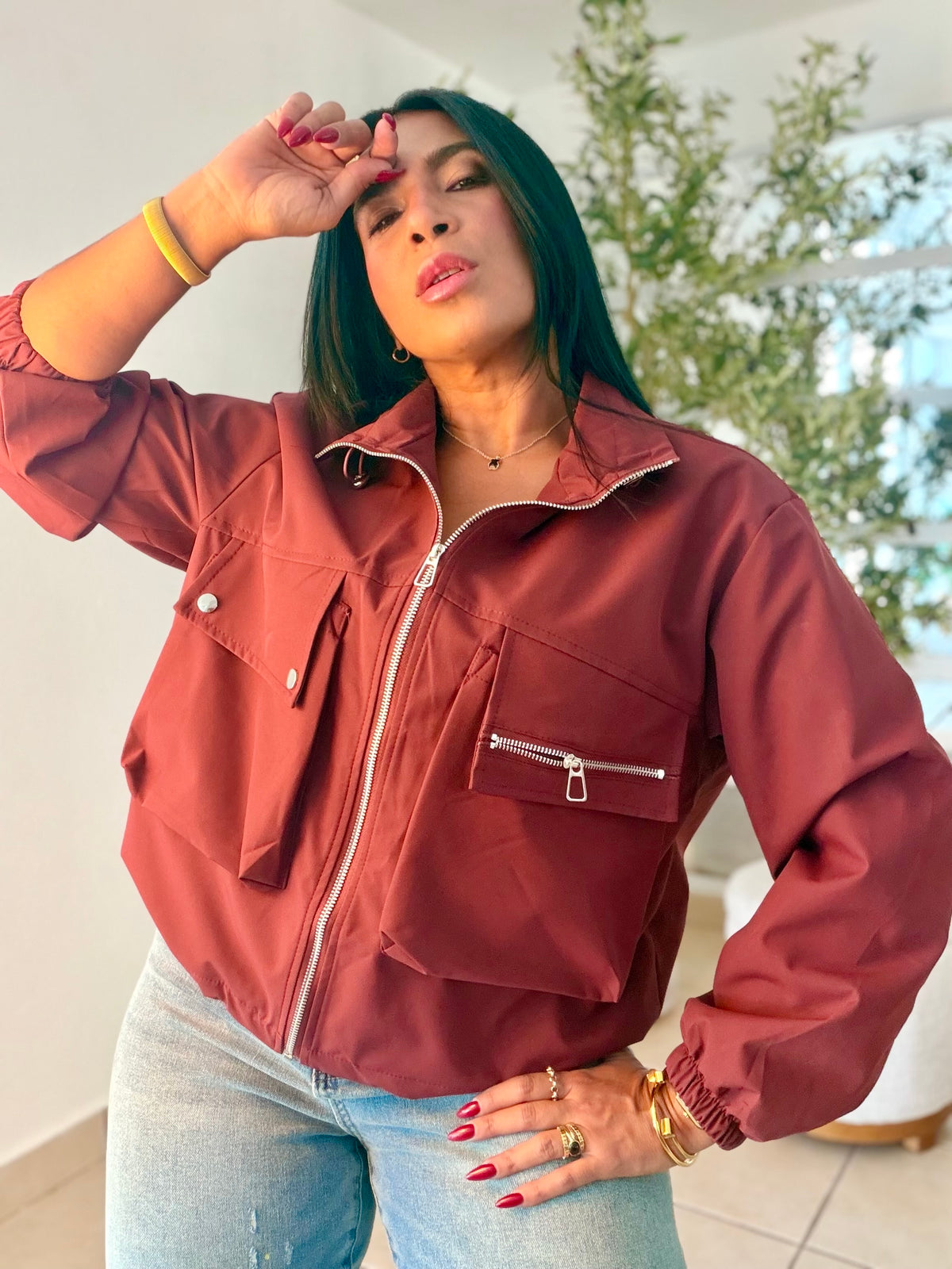 Burgundy Luxe Oversized Spandex Bomber Jacket Top One Size (SOLD OUT GRACIAS)