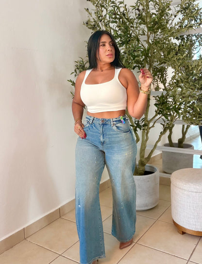 Denim Blue Vibrant Detail Baggy Wide Jeans (puesto small) lo amoo! Es demasiado perfecto! Blue Denim