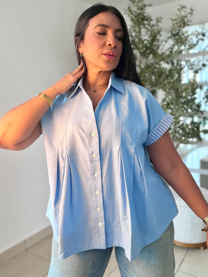 Luxe Sky Blue  Linen Oversized Blusòn (mangas se usan de dos formas) Azul cielo