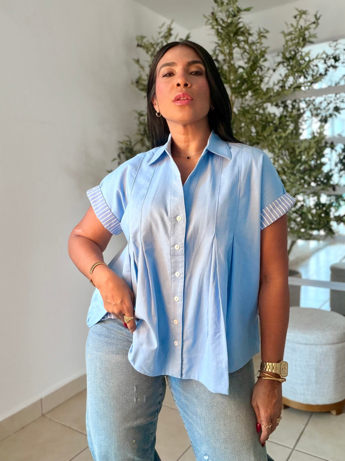Luxe Sky Blue  Linen Oversized Blusòn (mangas se usan de dos formas) Azul cielo