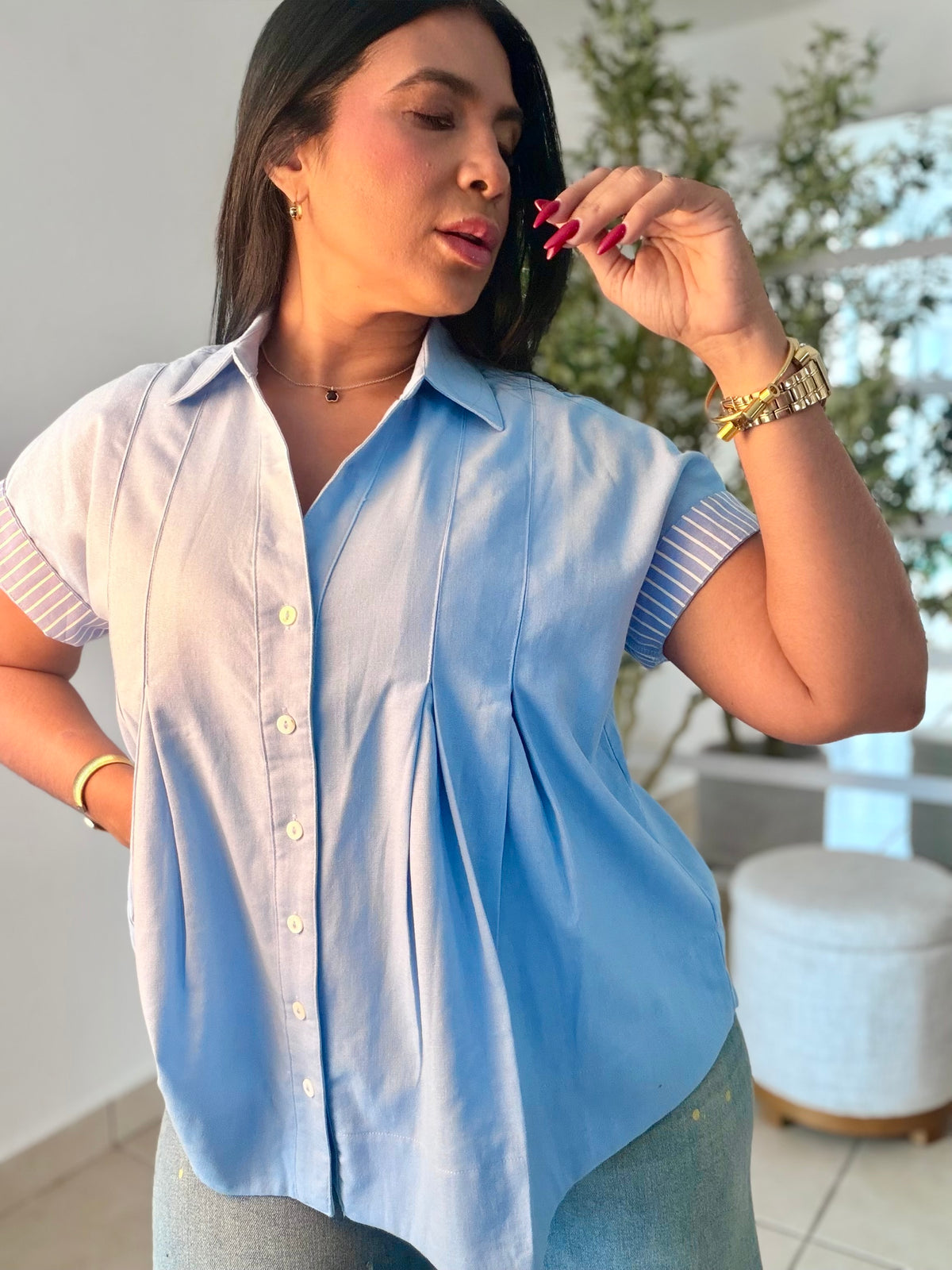 Luxe Sky Blue  Linen Oversized Blusòn (mangas se usan de dos formas) Azul cielo