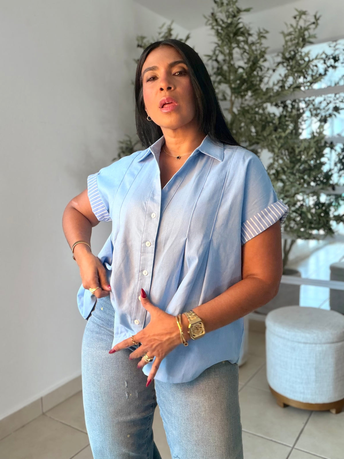 Luxe Sky Blue  Linen Oversized Blusòn (mangas se usan de dos formas) Azul cielo