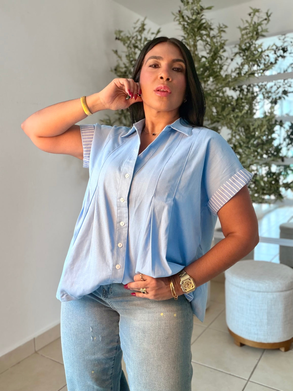 Luxe Sky Blue  Linen Oversized Blusòn (mangas se usan de dos formas) Azul cielo