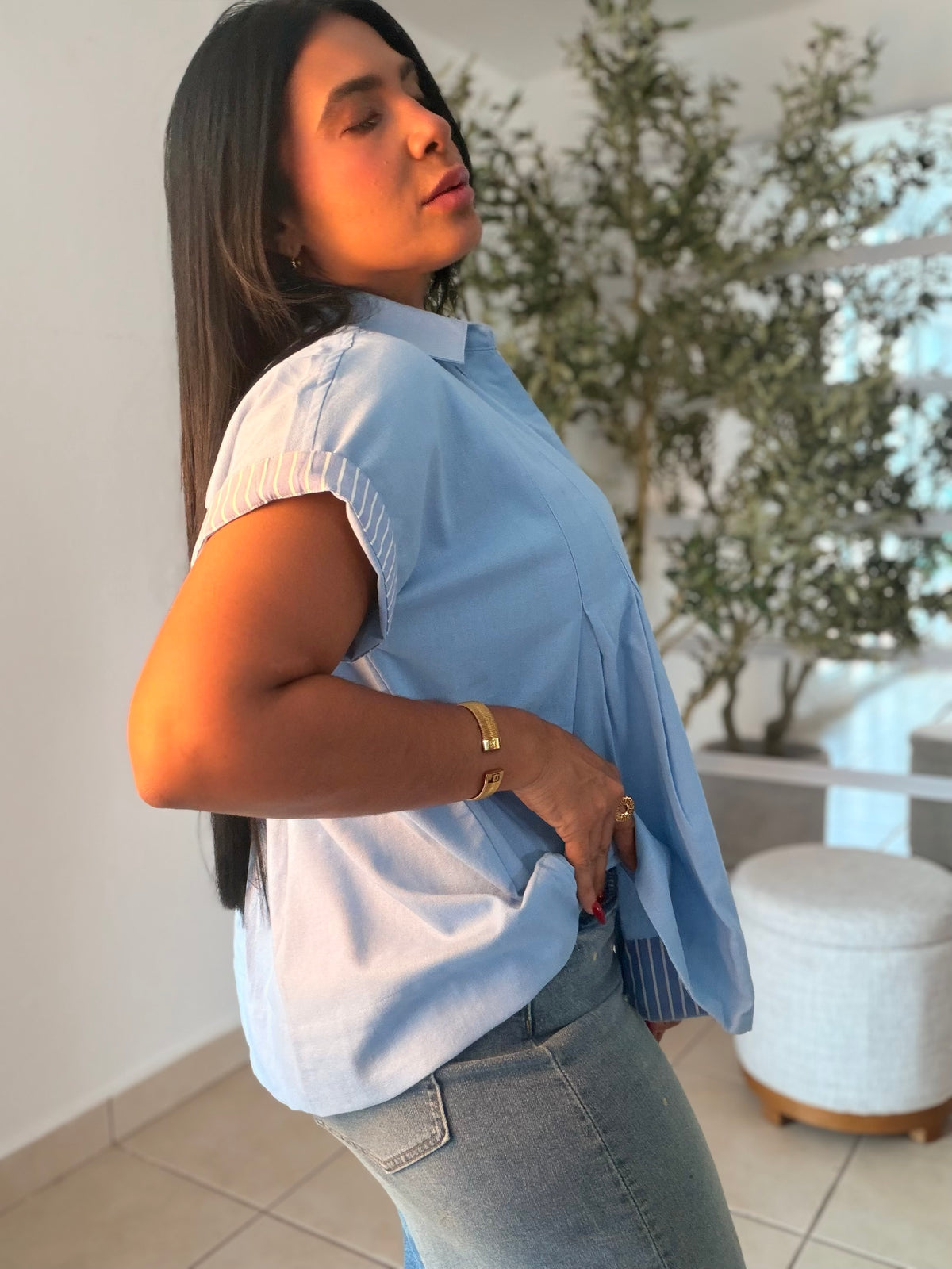 Luxe Sky Blue  Linen Oversized Blusòn (mangas se usan de dos formas) Azul cielo