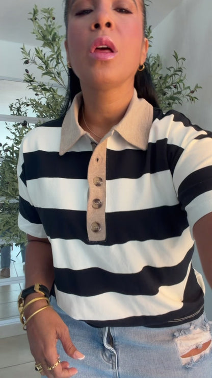 Blacky Black and White Luxe Spandex Premium Striped Polo Shirt (camisa con lìneas color negro)